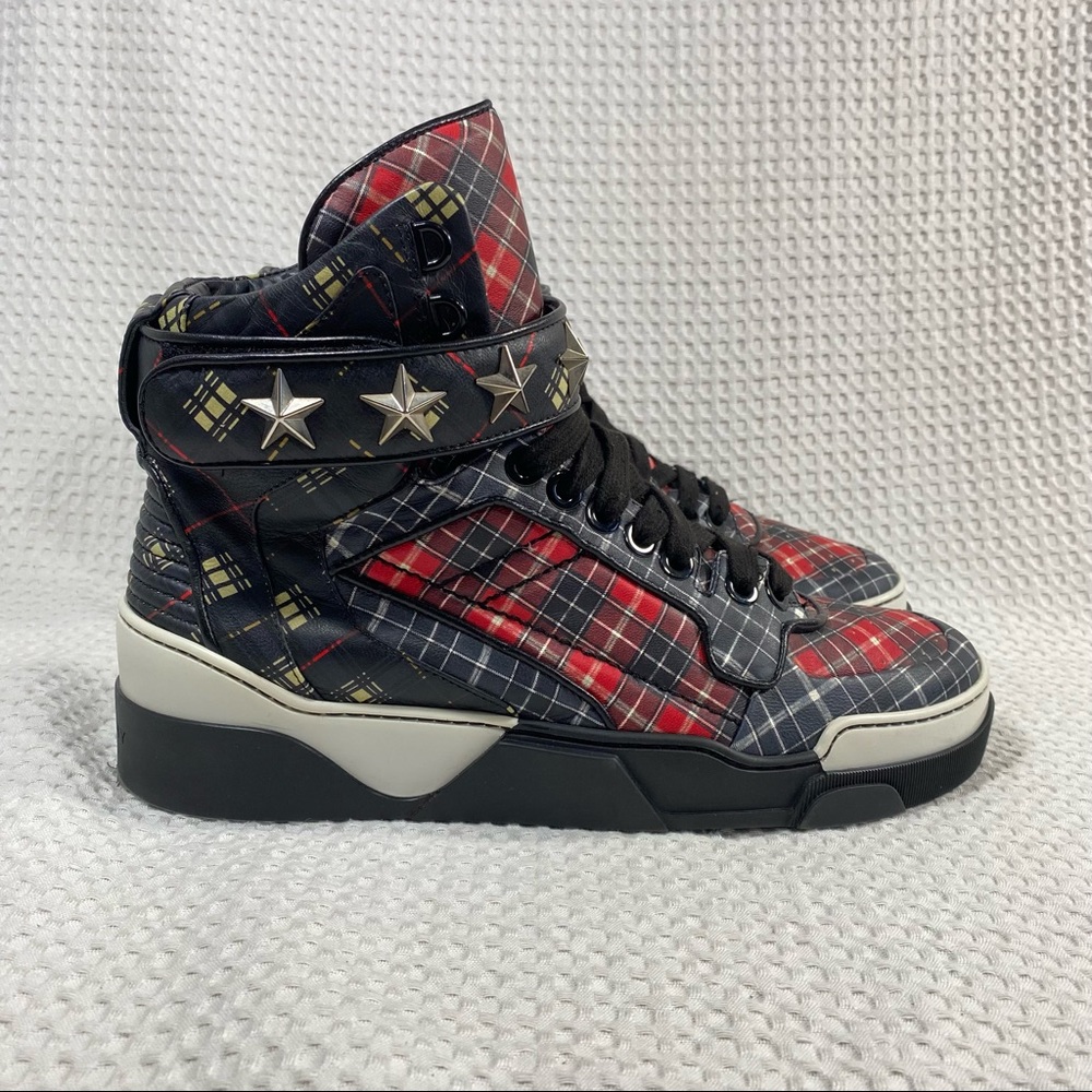 Givenchy Plaid Tyson Red Calfskin Star Studded Strap Sneaker Shoes Sz 42…
